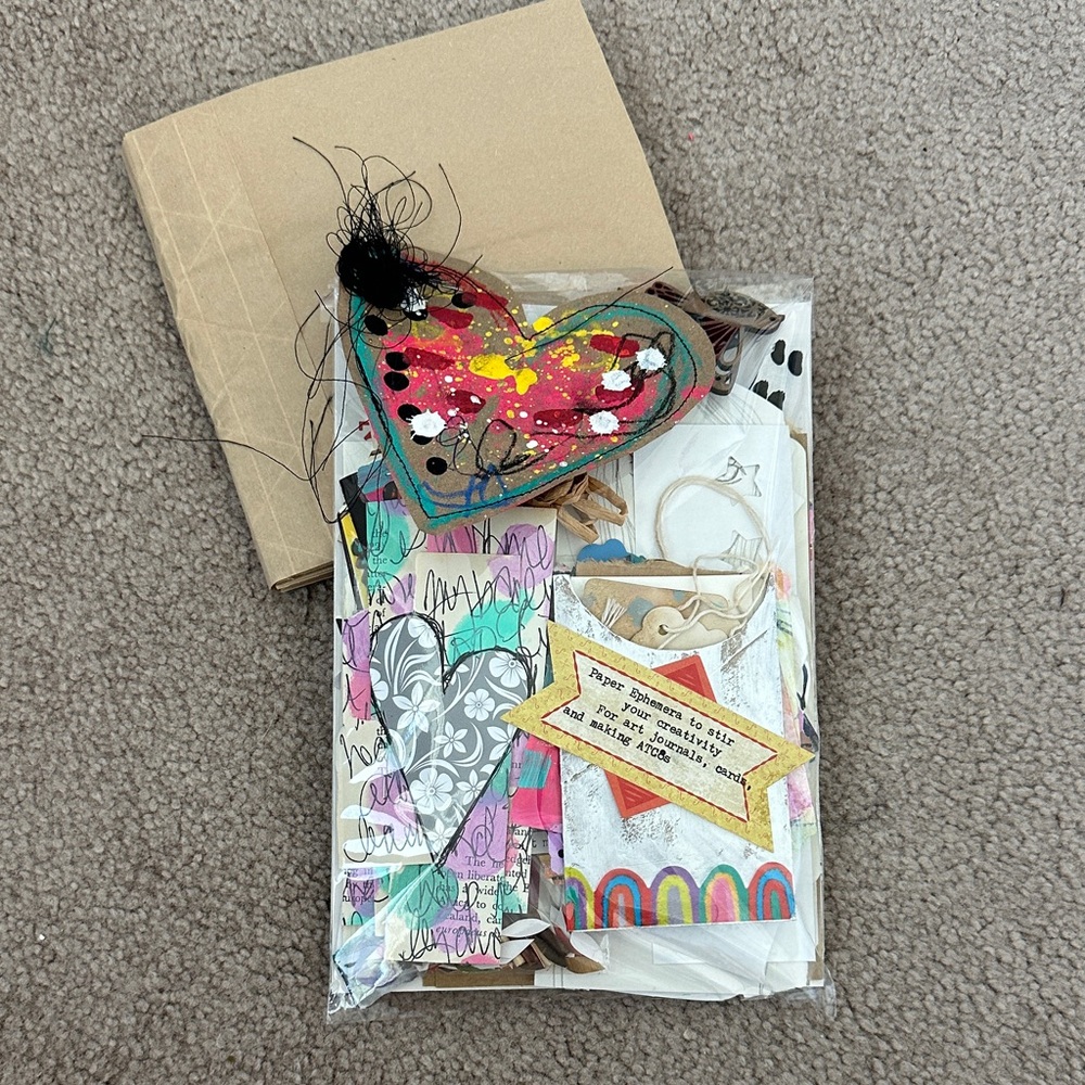 Bag of paper art ephemera plus brown paper bag journal set.